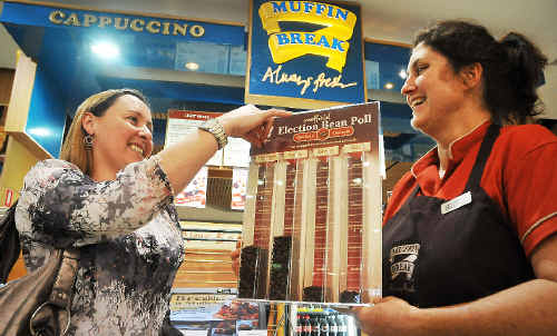 Lee Parkes from Park Beach Plaza Muffin Break shows the results of the in-store Unofficial Election Bean Poll. Lee Parkes from Park Beach Plaza Muffin Break shows the results of the in-store Unofficial Election Bean Poll.